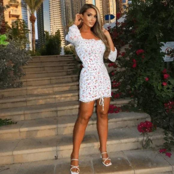 Floral Print Ruched Shirred Long Sleeve Square Neck Bodycon Mini Dress - Picture 4 of 8